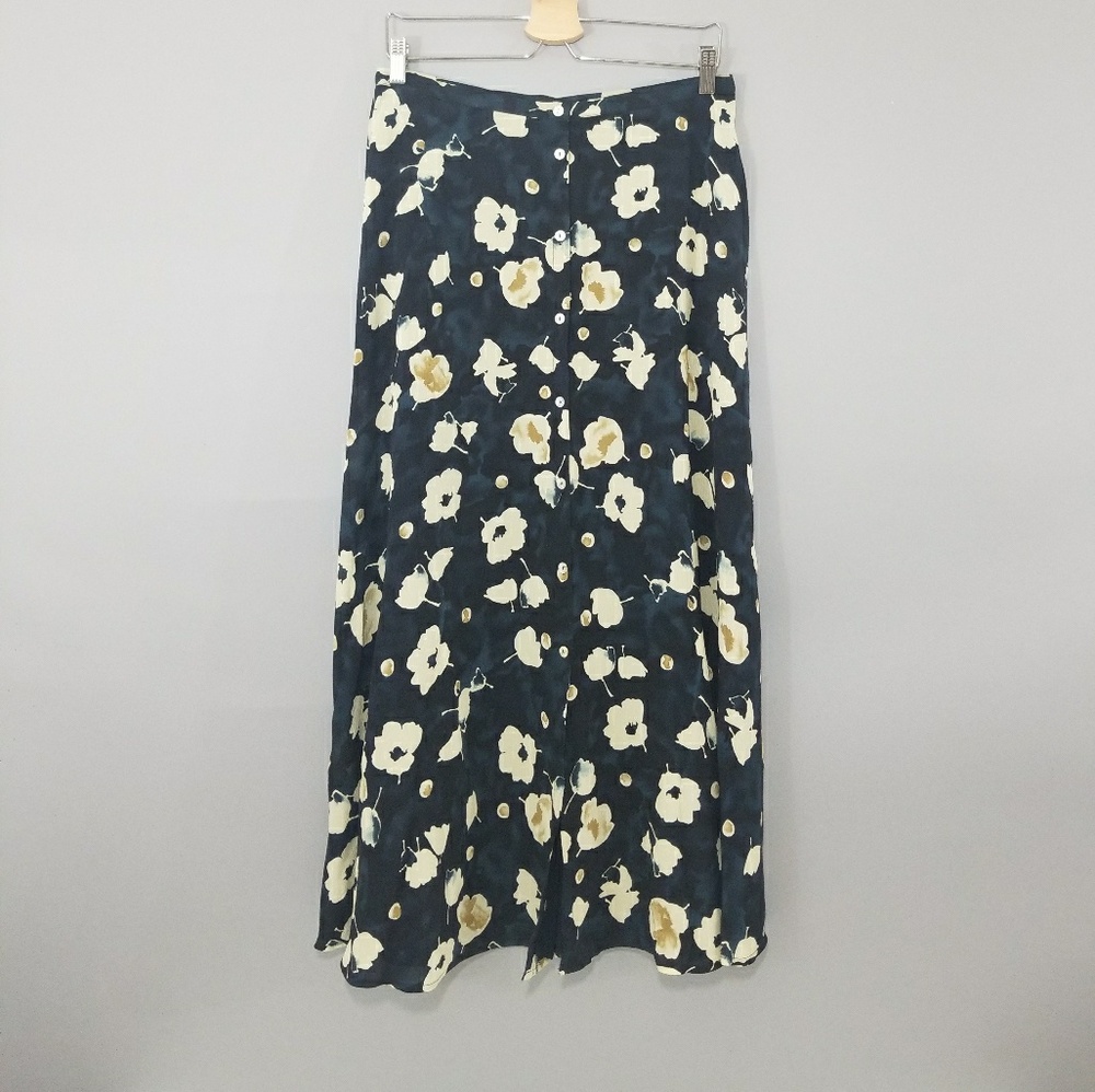 Ann Taylor Navy Floral Button Front Midi Skirt 14